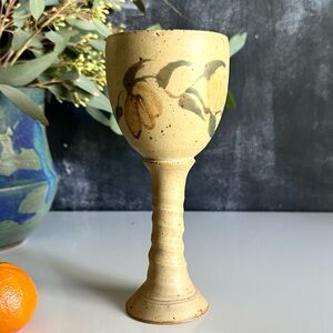 Signed Pottery Wine Goblet Floral Leaf Design